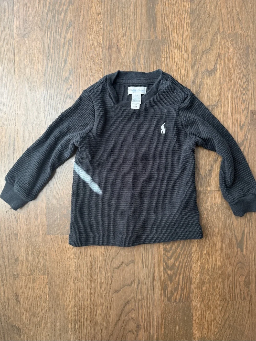 Ralph Lauren Black Waffle Knit Long-Sleeve Tee with White Logo